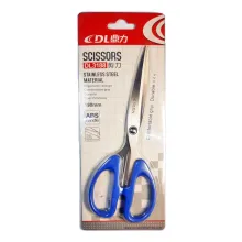 A pair of blue-handled scissors sealed inside clear plastic blister packaging on a cardboard backing card.