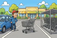 Cartoon illustration of an exasperated driver staring at an abandoned shopping cart blocking a perfect parking space, with the cart corral just steps away.