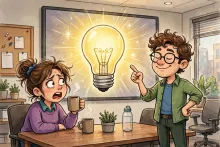 A cartoon coworker proudly presents a glowing lightbulb idea in a meeting while the colleague who thought of it looks on in disbelief.