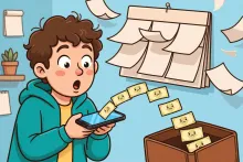 A cartoon person looks shocked as small monthly bills sneak out of a smartphone into an open wallet.