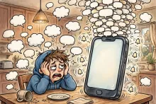 A cartoon person holds their head at a kitchen table while a giant buzzing smartphone pours out endless empty chat bubbles and ringing bells.
