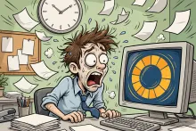A cartoon office worker panics as a desktop computer displays a large update progress wheel at the worst possible moment.
