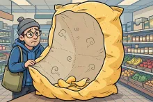 Cartoon illustration of a disappointed shopper peering into a huge puffy chip bag that is mostly air, with only a few chips at the bottom.