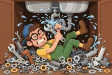 Cartoon illustration of a homeowner under a kitchen sink battling a dripping faucet, surrounded by scattered washers and tools.