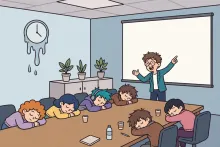 Cartoon illustration of office workers asleep around a conference table during a dull meeting with a blank presentation screen.
