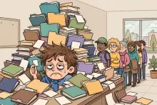 Cartoon illustration of an exhausted person buried under a mountain of paperwork at a government office counter.