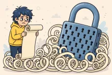 Cartoon illustration of a despairing person holding a long scroll of forgotten passwords in front of a giant padlock.