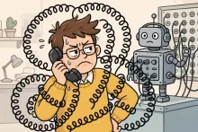 Cartoon illustration of a frustrated caller tangled in spiraling phone cord in front of a robot switchboard operator.