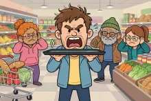 Cartoon illustration of a man shouting into a phone held flat like a tray on speakerphone in a grocery aisle while shoppers cover their ears.