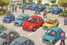 Cartoon illustration of one car parked diagonally across two spaces in a crowded parking lot while other drivers circle.