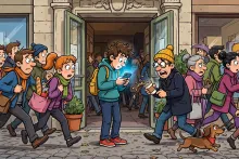 A cartoon pedestrian stands frozen in a doorway staring at a phone while other people squeeze around them.