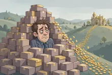 A tired cartoon entrepreneur is buried under a pyramid-shaped mountain of unsold product boxes as coins slide away.