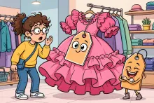 A cartoon shopper does a double-take at a giant price tag that grew instead of shrinking while a mischievous tag character laughs.