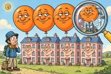 A cartoon traveler compares prices at identical hotels under a giant magnifying glass that reveals the inflated rates.