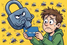 A giant cartoon padlock clamps a prepaid debit card held by a worried cartoon customer as fees swarm like mosquitoes.