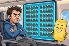 A frustrated cartoon airplane passenger stares at a seat map where every seat is grayed out while a smug cartoon ticket grins beside him.