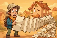 A bewildered cartoon traveler holds an enormous unfolding hotel bill while a sneaky cartoon hotel winks behind him.