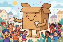 Cartoon illustration of a giant smiling delivery box handing out refund checks to a cheering crowd.