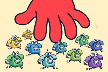 Cartoon illustration of a giant red hand hanging up on a swarm of sneaky cartoon phones.