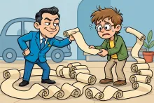 Cartoon illustration of a smug car salesman handing a worried driver a contract that is comically too long.