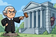 Cartoon illustration of a stern judge pointing at a sneaky figure hiding behind a government building.