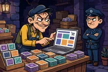 Cartoon illustration of a scheming vendor selling counterfeit stamps from a shady online storefront while a postal inspector watches.