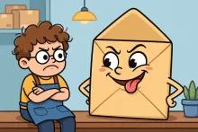 Cartoon illustration of a small business owner frowning at an official-looking envelope that is revealed to be junk mail.