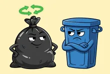 Cartoon illustration of a smug trash bag wearing a fake green recycling halo while a skeptical recycling bin refuses it.