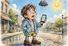 Cartoon illustration of a soaked person standing under a single small rain cloud on a sunny street, holding a phone showing a sun icon.