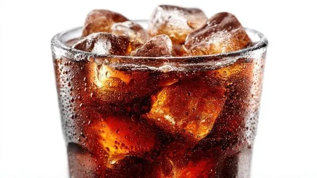 A glass of cola filled with ice cubes, covered in condensation.