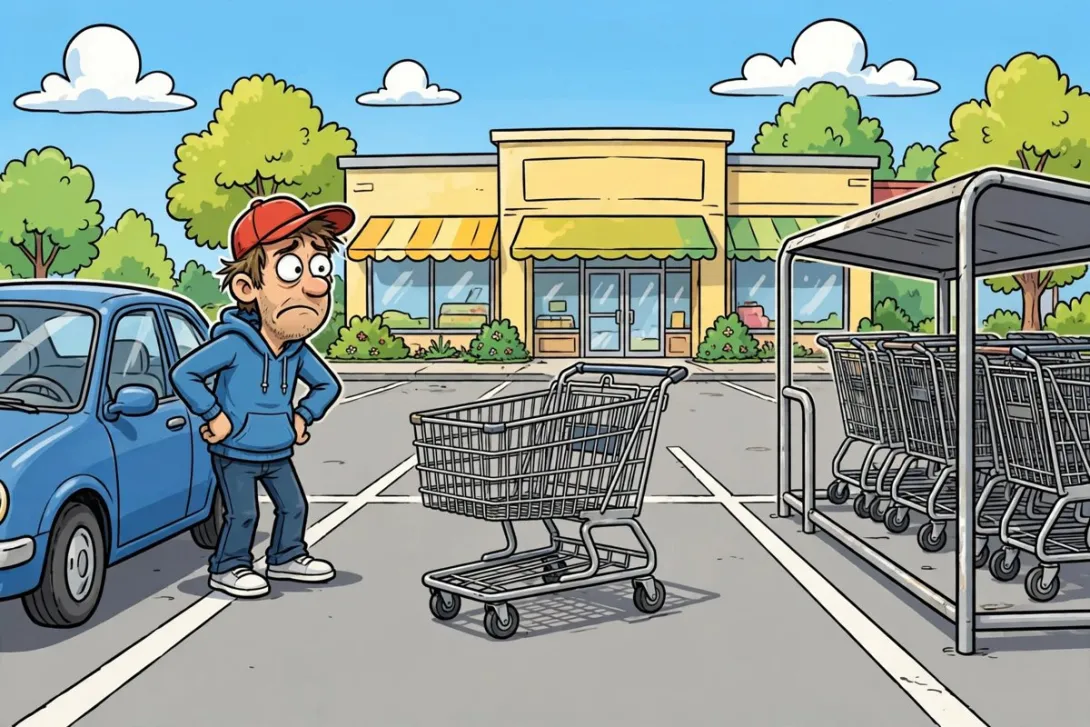 Cartoon illustration of an exasperated driver staring at an abandoned shopping cart blocking a perfect parking space, with the cart corral just steps away.