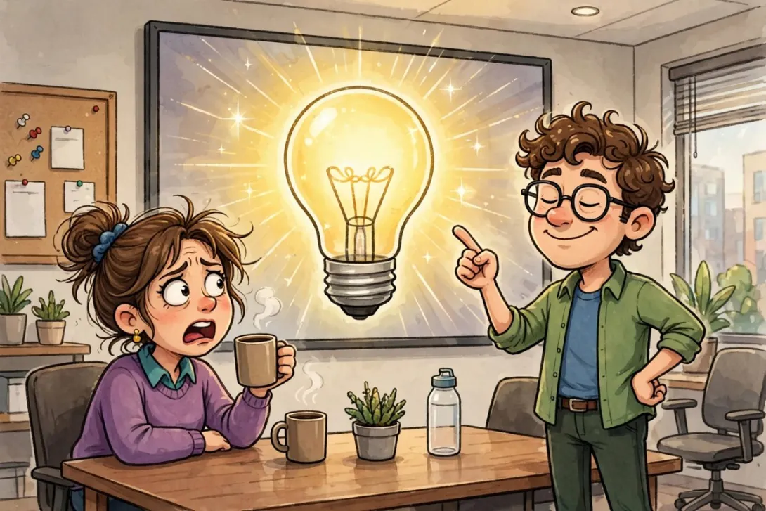 A cartoon coworker proudly presents a glowing lightbulb idea in a meeting while the colleague who thought of it looks on in disbelief.