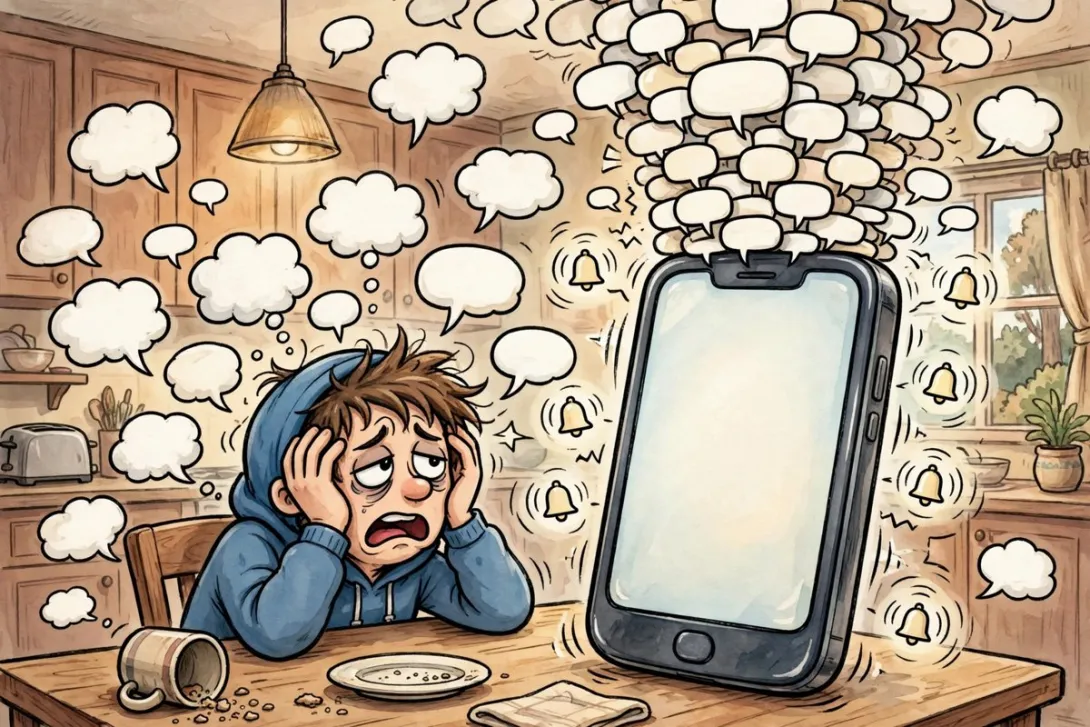 A cartoon person holds their head at a kitchen table while a giant buzzing smartphone pours out endless empty chat bubbles and ringing bells.