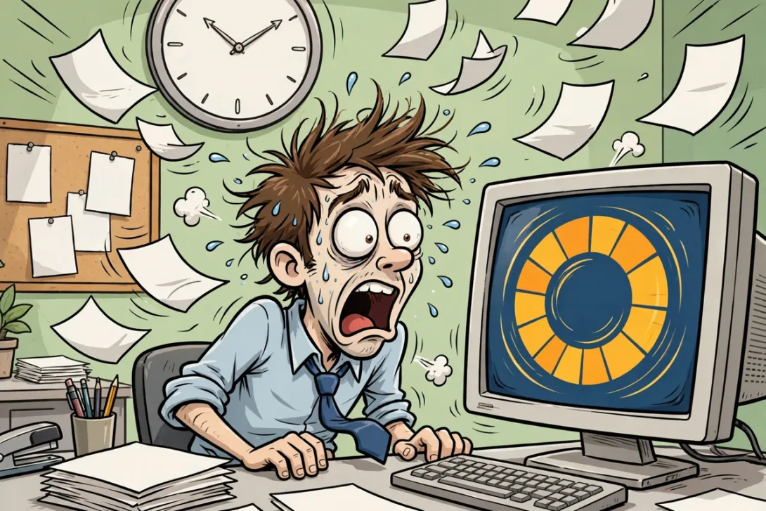 A cartoon office worker panics as a desktop computer displays a large update progress wheel at the worst possible moment.