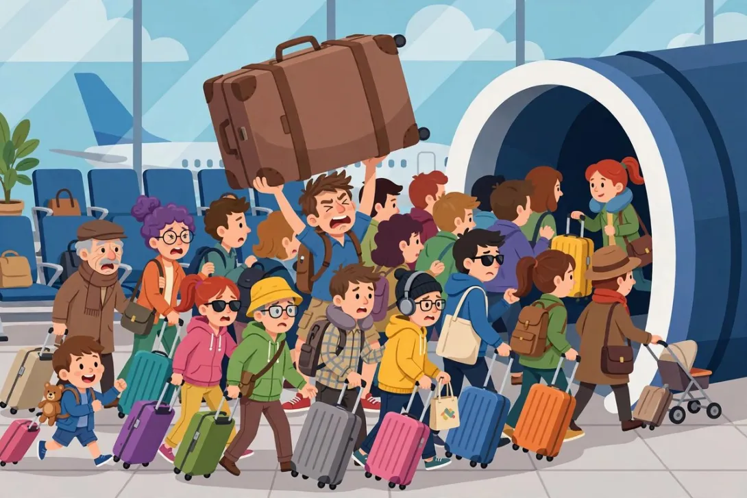 Cartoon illustration of a crowd of travelers with suitcases all pushing toward an airport jetway door at once.