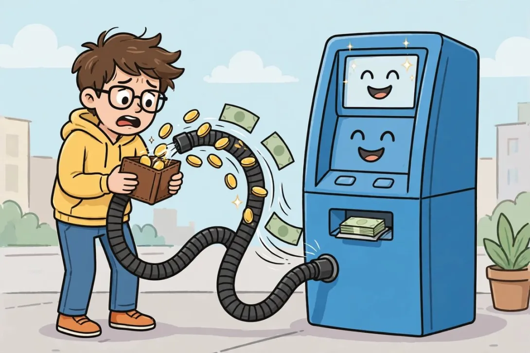 Cartoon illustration of an ATM vacuuming extra coins from a person's wallet while dispensing only a small stack of cash.
