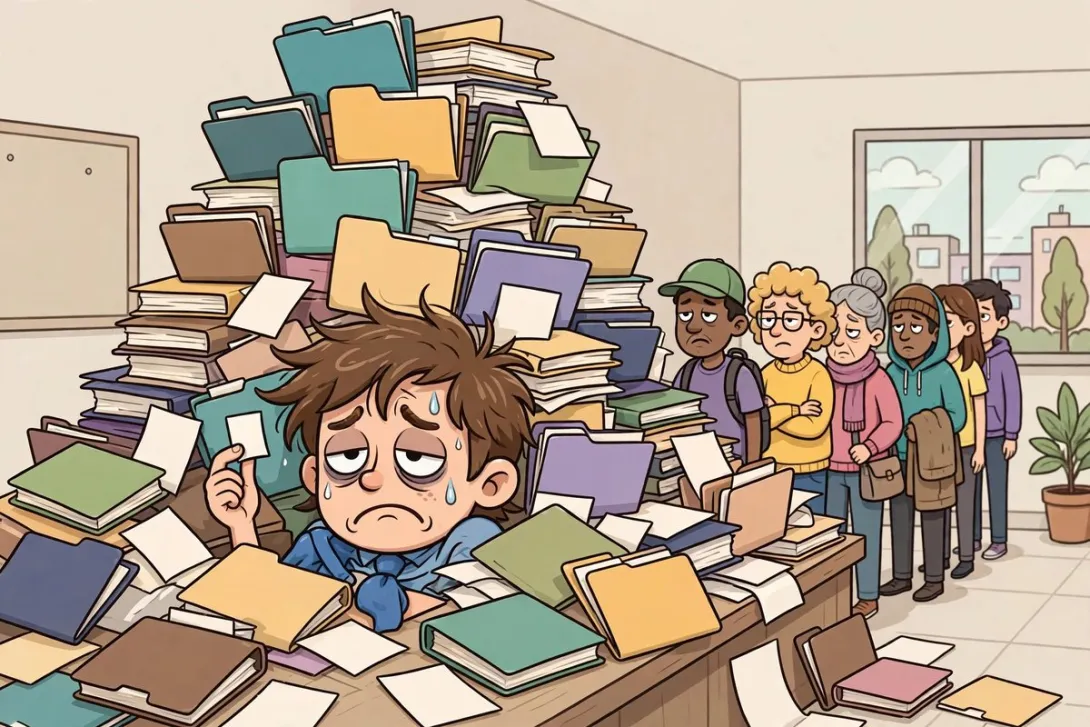 Cartoon illustration of an exhausted person buried under a mountain of paperwork at a government office counter.