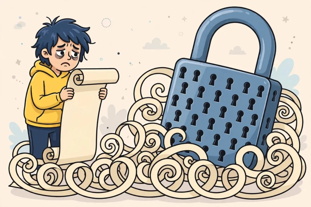 Cartoon illustration of a despairing person holding a long scroll of forgotten passwords in front of a giant padlock.