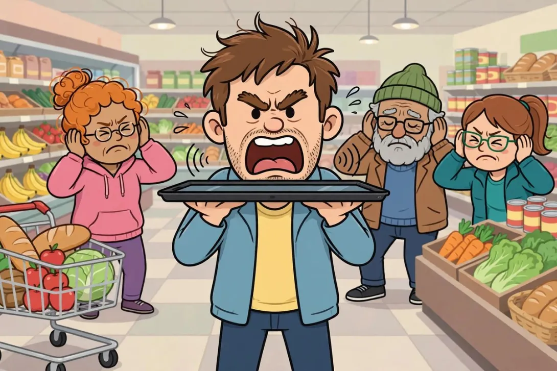Cartoon illustration of a man shouting into a phone held flat like a tray on speakerphone in a grocery aisle while shoppers cover their ears.