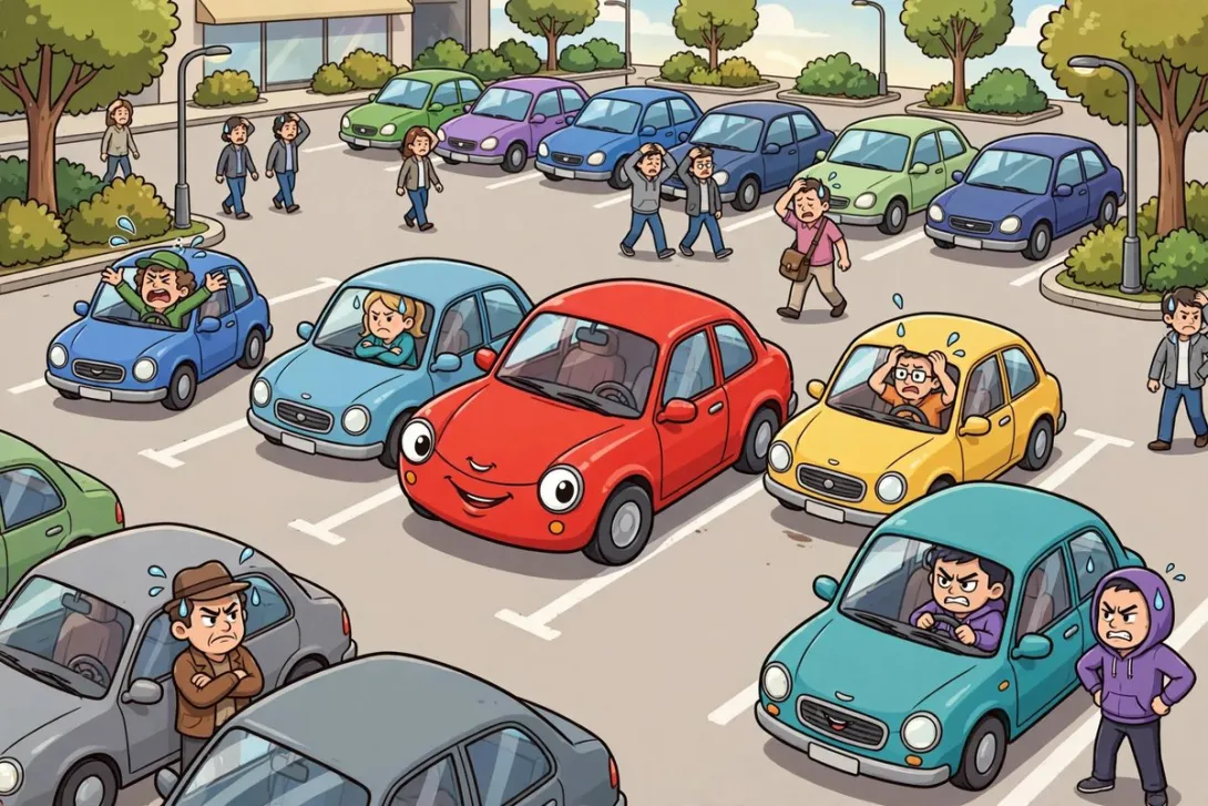 Cartoon illustration of one car parked diagonally across two spaces in a crowded parking lot while other drivers circle.