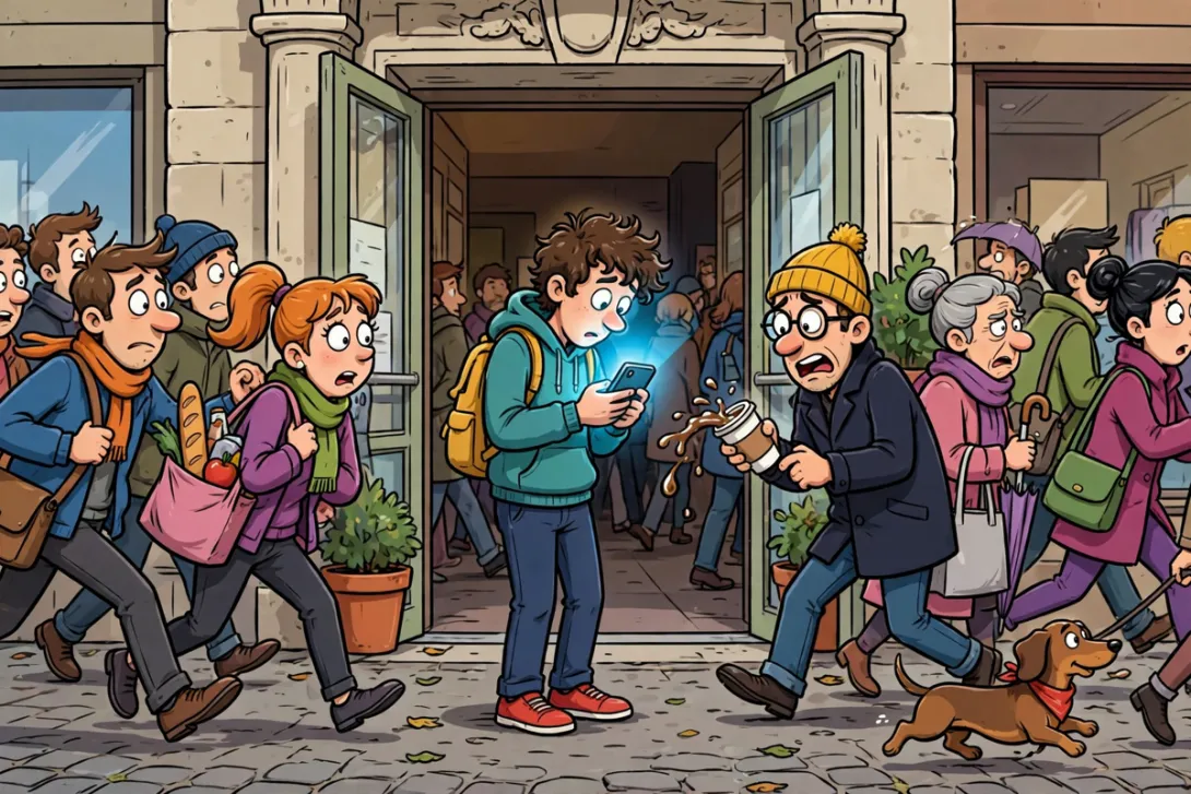 A cartoon pedestrian stands frozen in a doorway staring at a phone while other people squeeze around them.