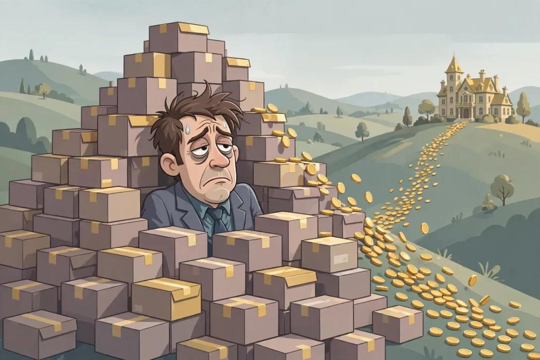 A tired cartoon entrepreneur is buried under a pyramid-shaped mountain of unsold product boxes as coins slide away.