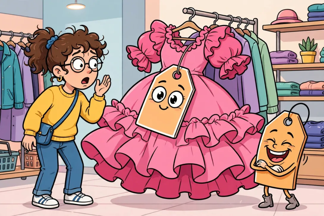 A cartoon shopper does a double-take at a giant price tag that grew instead of shrinking while a mischievous tag character laughs.