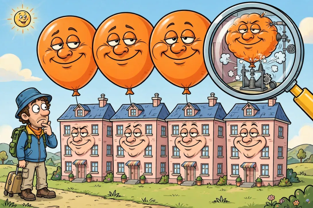 A cartoon traveler compares prices at identical hotels under a giant magnifying glass that reveals the inflated rates.