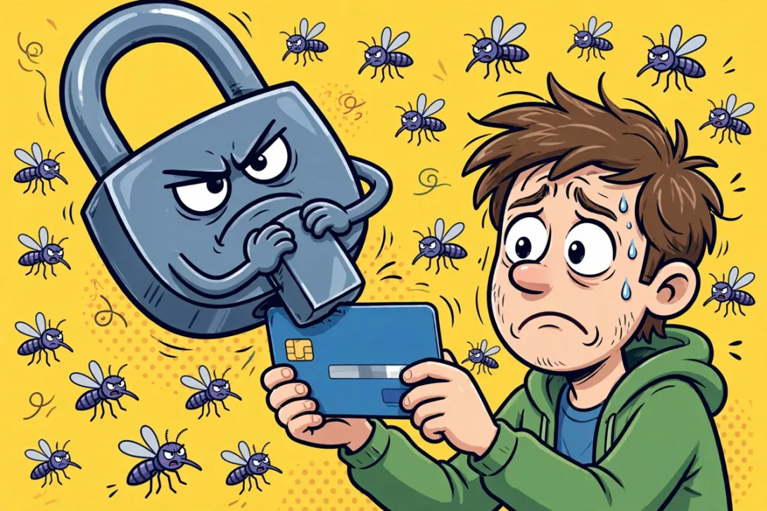 A giant cartoon padlock clamps a prepaid debit card held by a worried cartoon customer as fees swarm like mosquitoes.