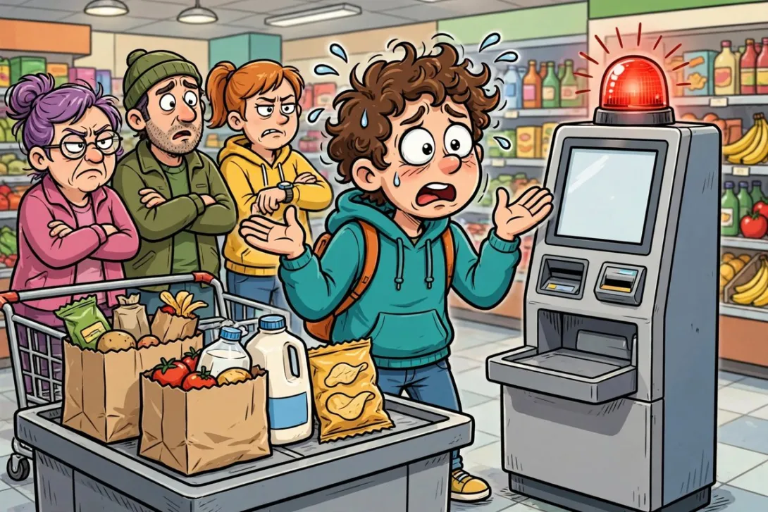 Cartoon shopper standing with hands up at a flashing self-checkout machine while a line of shoppers waits behind.