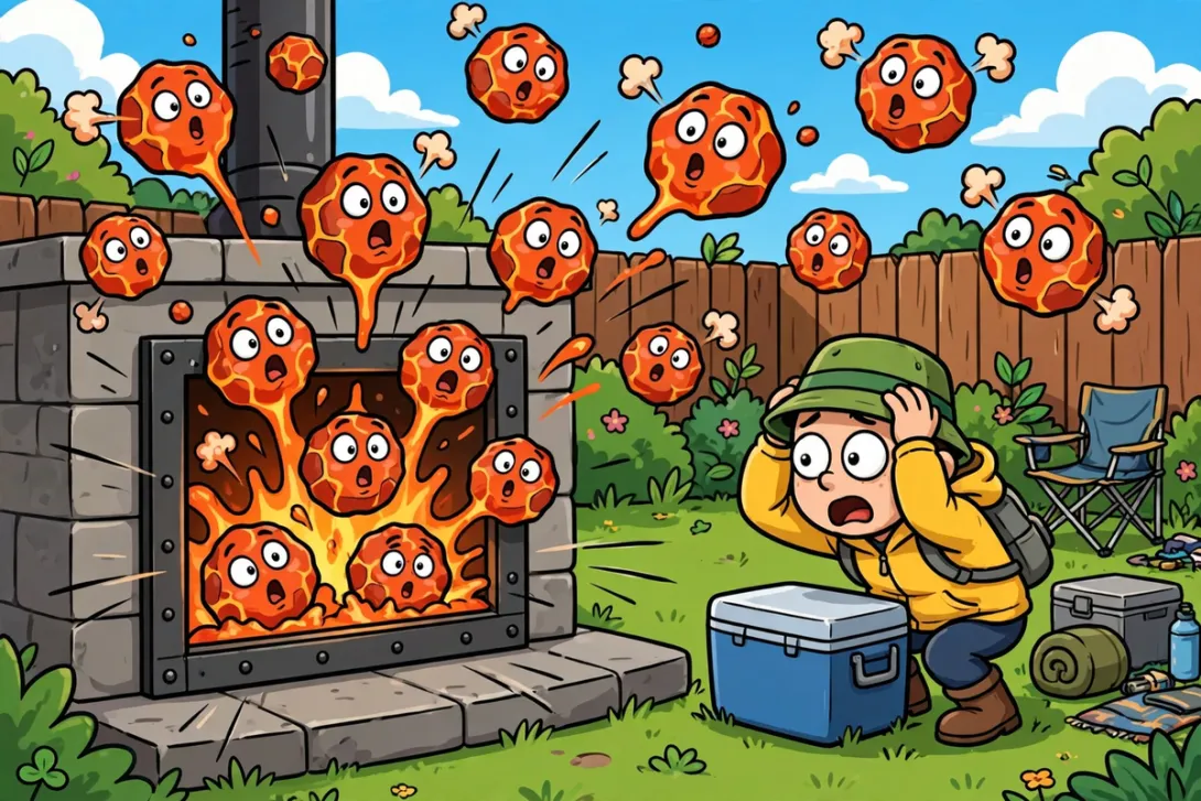 Cartoon illustration of a backyard fireplace insert launching surprised cartoon lava rocks like popcorn.