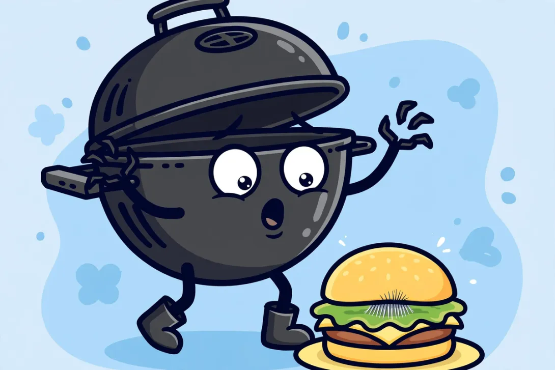 Cartoon illustration of a startled barbecue grill discovering a loose wire bristle in a burger.