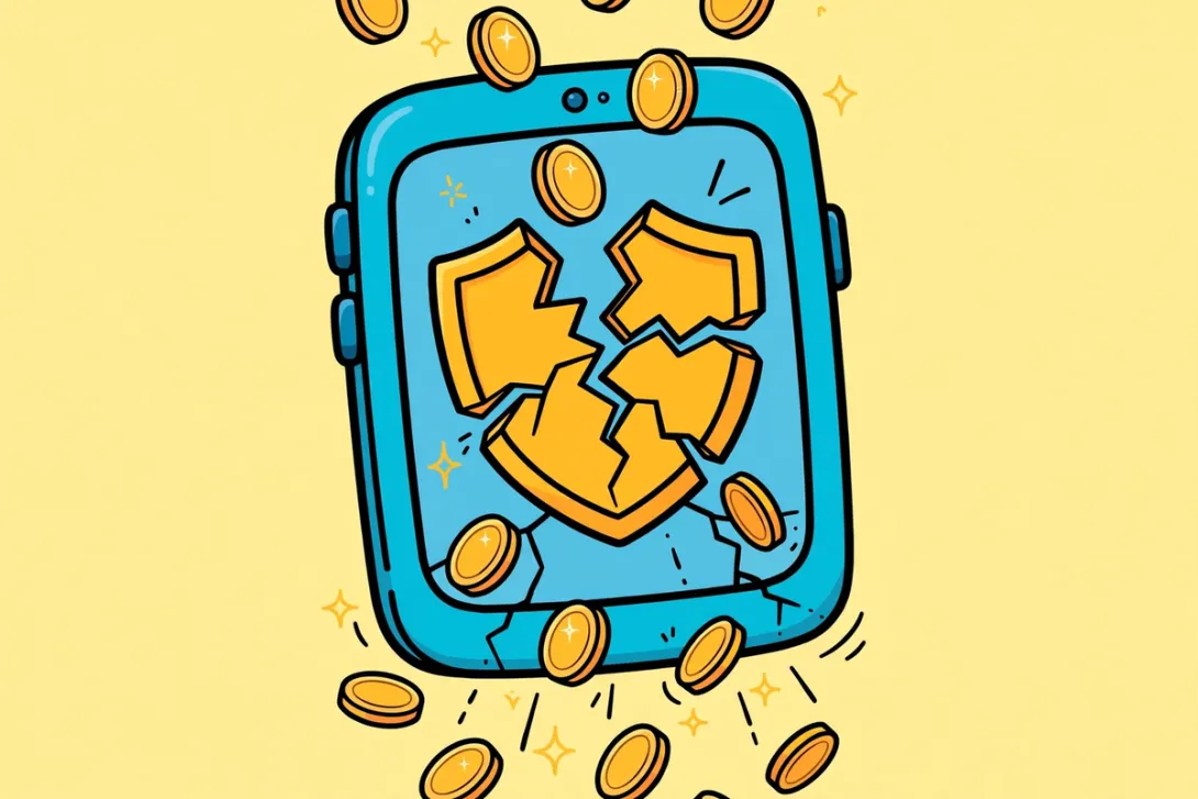 Cartoon illustration of a smartphone app with a cracked shield failing to catch falling coins.