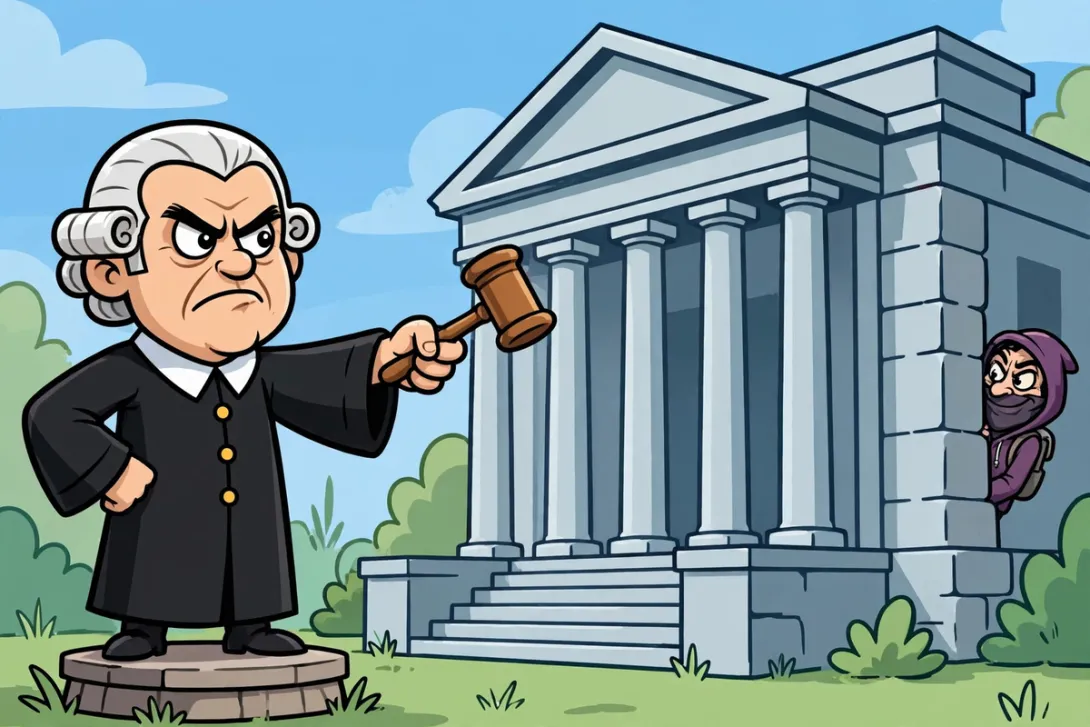Cartoon illustration of a stern judge pointing at a sneaky figure hiding behind a government building.